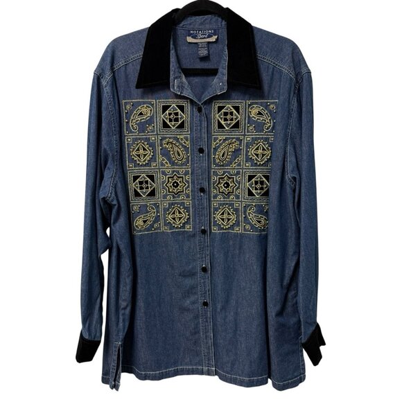 NOTATIONS SPORT CHAMBRAY DENIM SHIRT BEADED EMBELLISHED VELVET ARTSY SIZE 2X - Picture 1 of 7